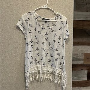 Almost Famous White and Black Anchor Tee with Fringe